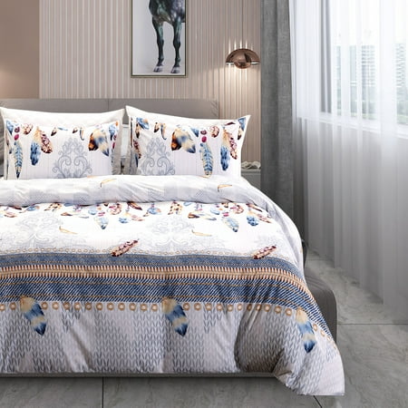 - Yosoo Duvet Cover Set Feather Pattern Bedding Set Soft Breathable Microfiber Printed Bedding Quilt Cover with Pillowcases,Microfiber Sheet,Quilt Cover(3 Piece)