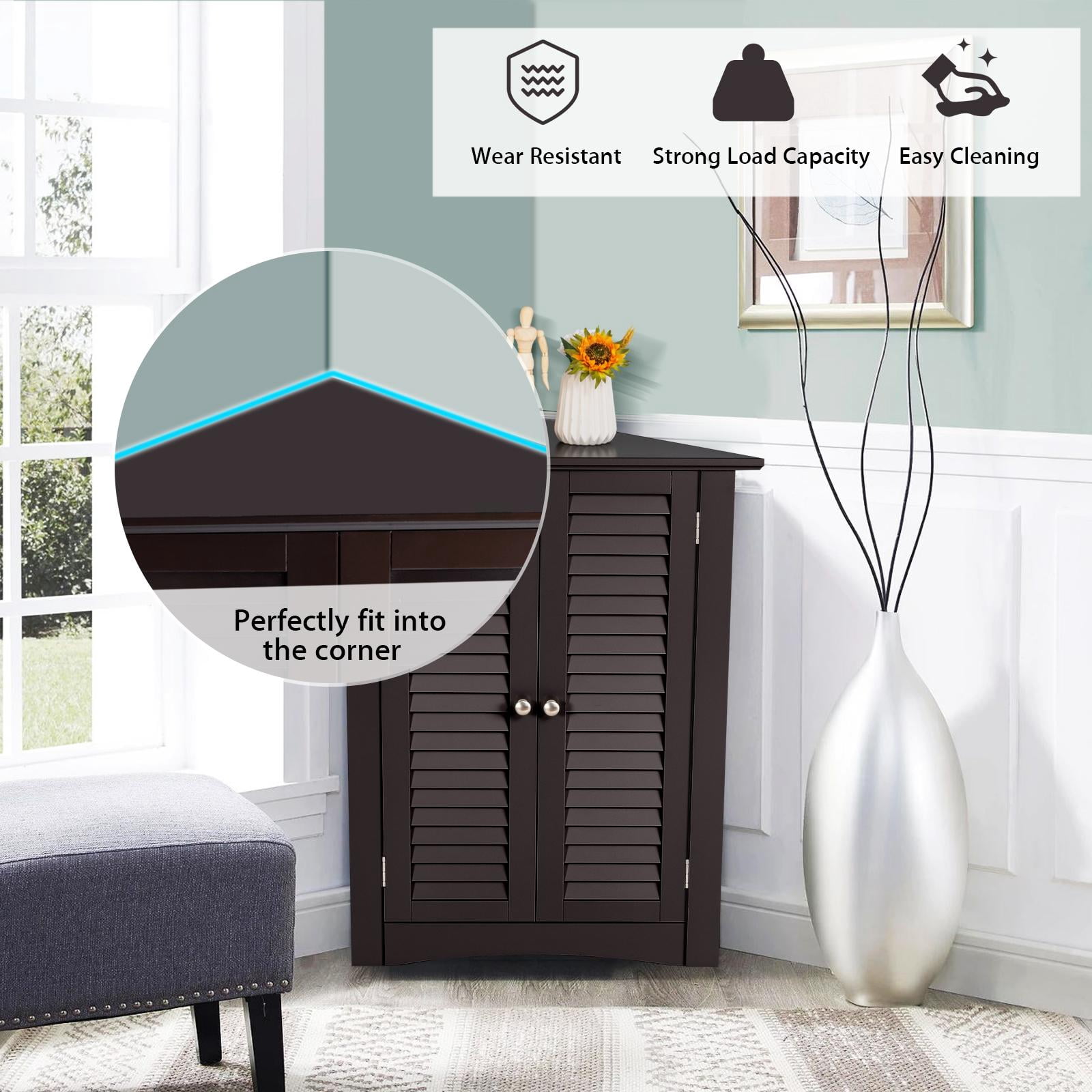 Giantex 3-Shelf Corner Cabinet, Freestanding Bathroom Floor Cabinet with Double Shutter Doors and Adjustable Shelf, Suitable for Bathroom, Living Room, Bedroom, Kitchen, 22 x 13 x 31.5 inches