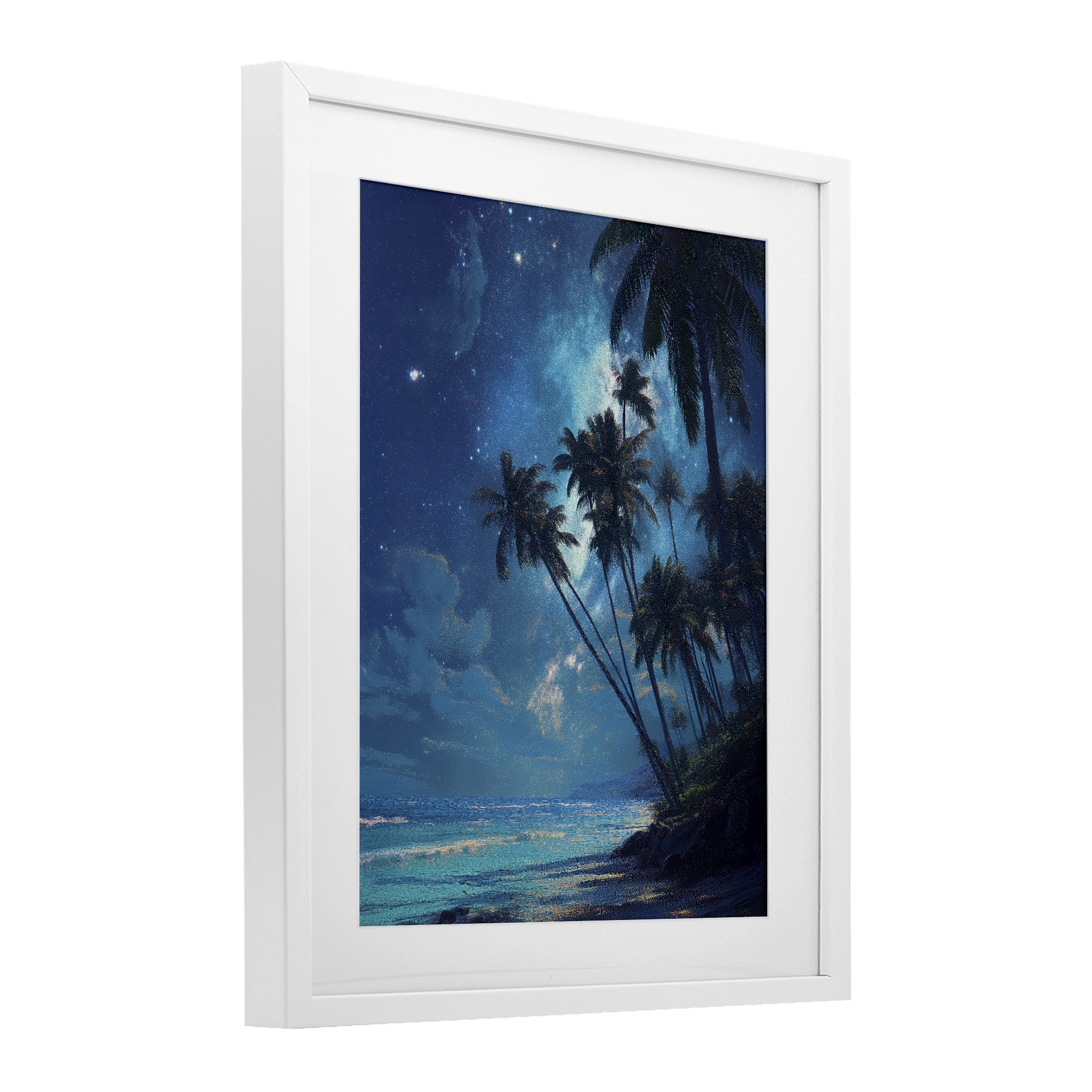 Moonlit Beach Palm Trees White Framed Print Under Glass, design by Ziwei Li
