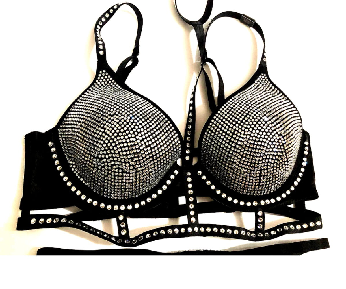 Victoria's Secret Very Sexy Embellished Low-cut Demi Bra and Panty Set  Bling Rhinestone Black 34B/S NWT
