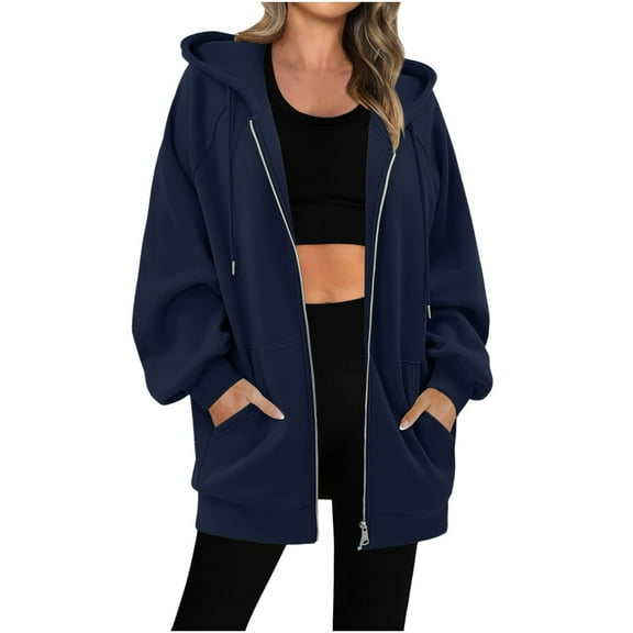 Women's Hoodies with Zippers and Pockets Drawstring Winter Warm Casual Long Sleeve Hooded Solid Color Sweatshirt Coat