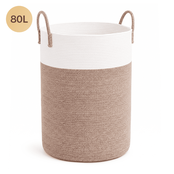 80L Large Laundry Basket - White and Brown