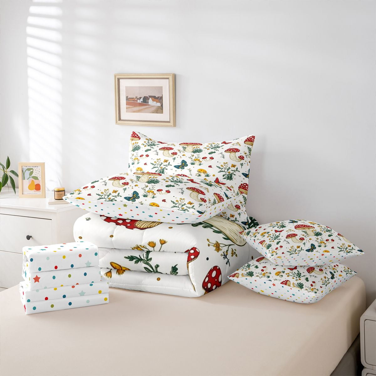 Homewish Cartoon Red Mushroom 7pcs Bedding Comforter Set For Kids Teens Female Girls,Flying Colorful Butterflies Queen Bedding Sets Super Cozy,Botanical Plants Queen Sheet Sets