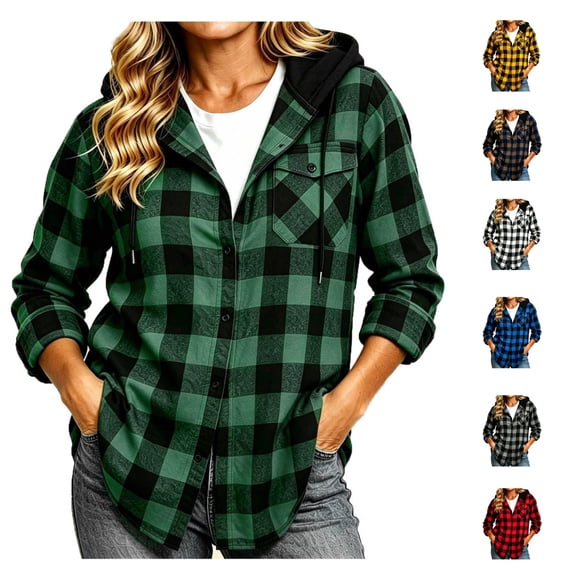 Brqkzdu Womens Flannel Plaid Shirts Long Sleeve Button Down Hoodies Fall Lighweight Loose Comfy Casual Hooded Shirt