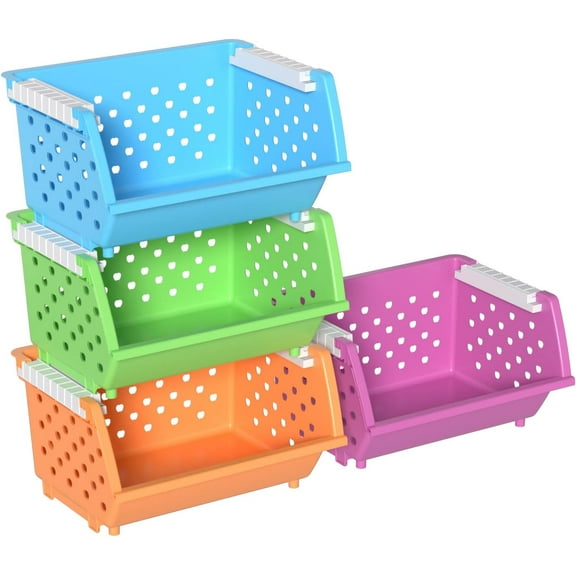 4 Pack Plastic Storage Basket Stackable, Open Front Storage Bins