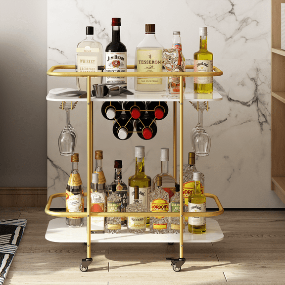 Laitimia Rolling Bar Cart with Lockable Wheels – Home Bar Serving Cart for Kitchen, Dining Room, or Party Use, Sleek and Functional Serving Trolley with Storage, Golden