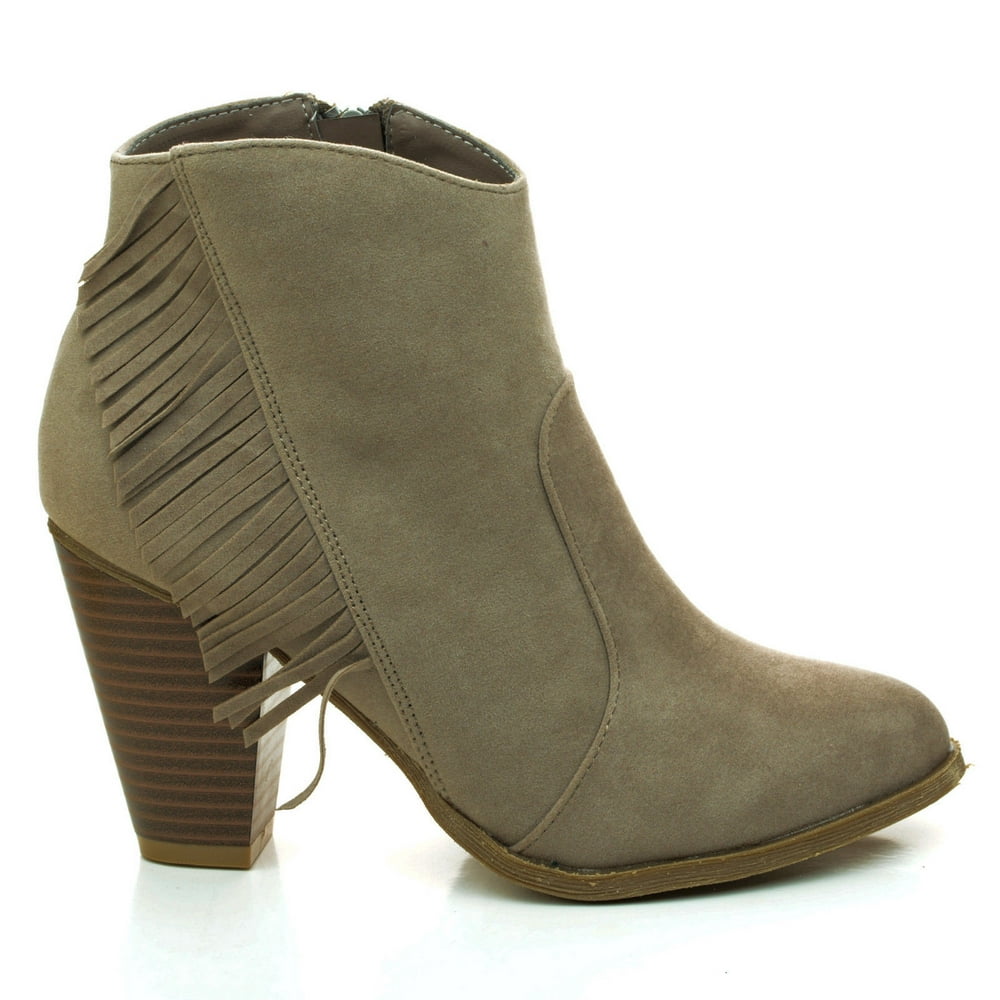 Bamboo - Rebel25 by Bamboo, Almond Toe Western Ankle Fringe Chunky Heel ...