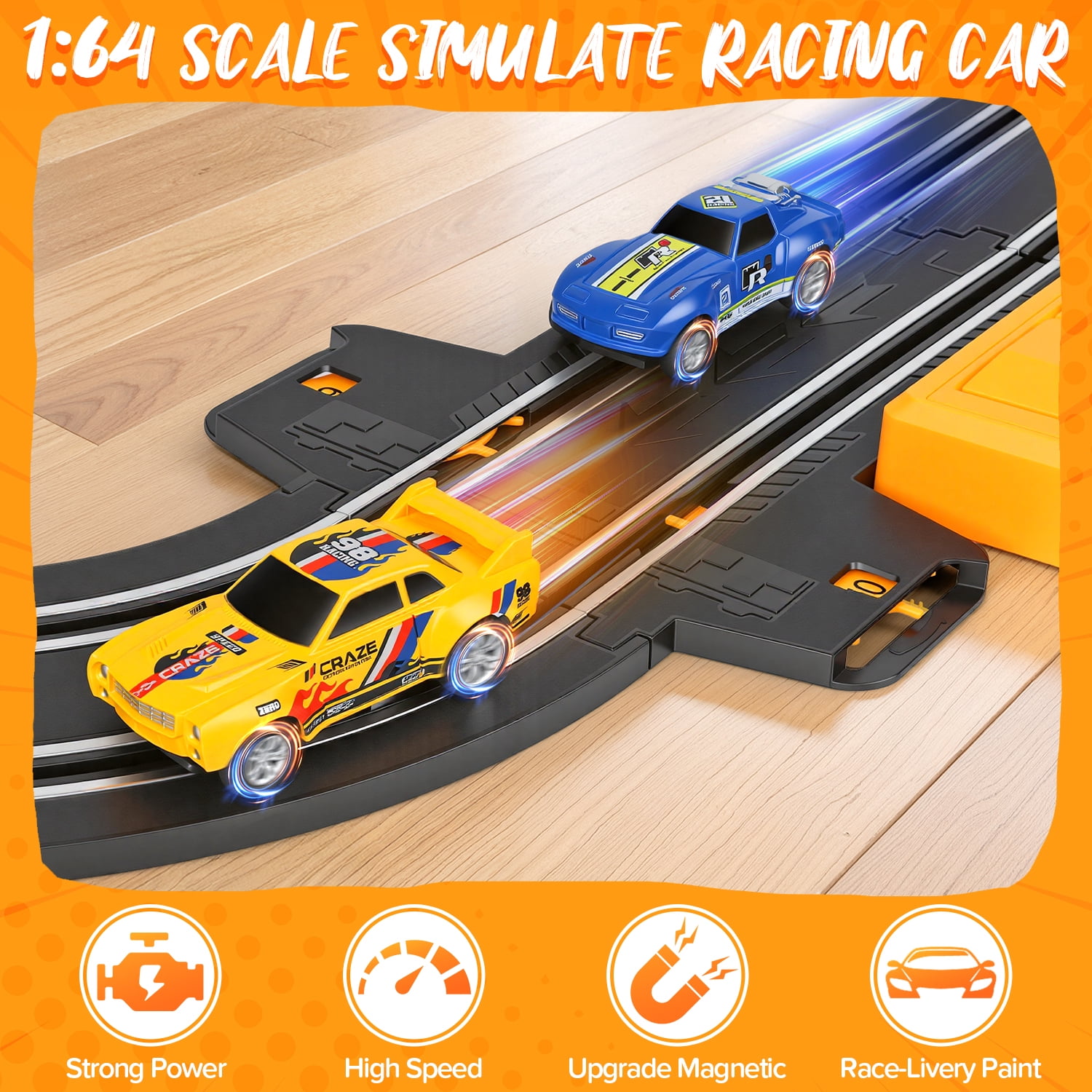 UQN 2-in-1 Slot Car Race Track Set, Electric Race Track for Kids 4-8 with 1:64 High-Speed Racing Car, Dual Racing Game Lap Counter Circular Overpass Flash Tracks, Gifts Toys for Boys Kids age 6-8-12