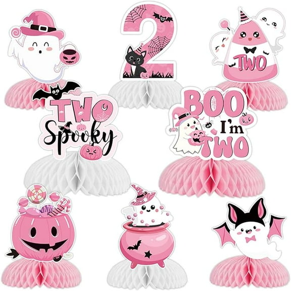 Halloween 2nd Birthday Decorations for Girls Pink, Two Spooky Honeycomb Centerpieces 3D Double Side Table Topper, Second Birthday Party Table Supplies Favors 8Pcs
