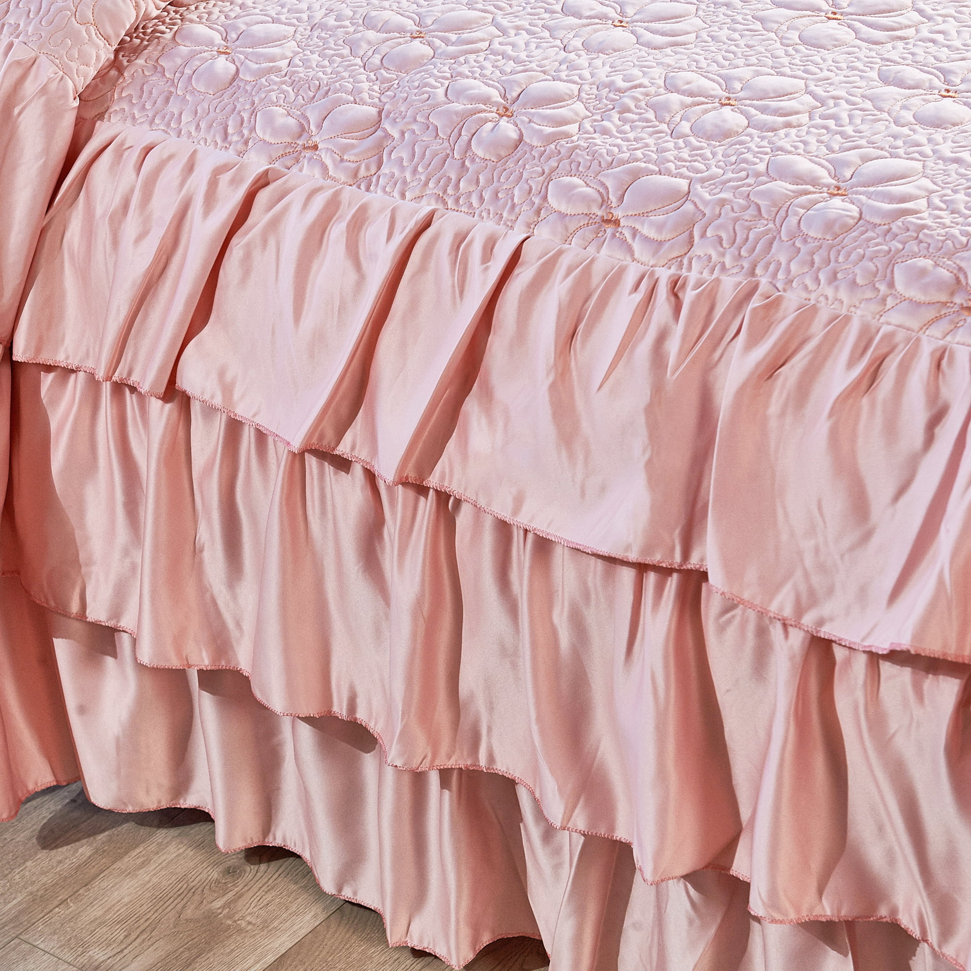 Home Soft Things 4 Piece Ruffle Matte Satin Bedspread Set - Pink - King  (78 x 80 + 24) 