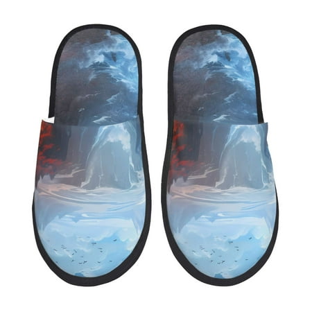Balery Red And Blue Fire Mountains Slient Indoor Furry Fleece Comfort House Shoes Soft Non-Slip Home Shoes Cotton slippers House Slippers-- Medium