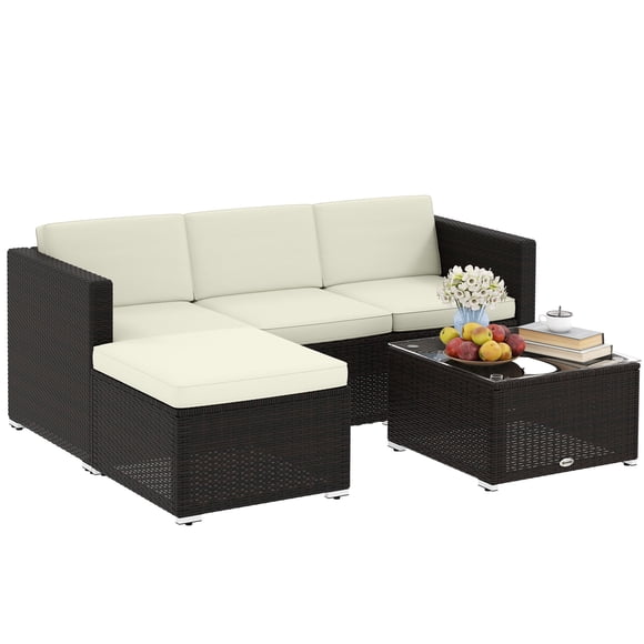Cream White 3-Piece Patio Furniture Set with Cushions – Outdoor Rattan Wicker Sofa for Garden, Lawn & Terrace Living Space with Glass Table
