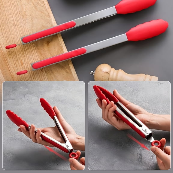 HKquanlin 3 pack red silicone tip stainless steel kitchen tongs, 7.09 9.06 12.01 in heat resistant 450℉ dishwasher safe tongs for cooking grilling meal serving