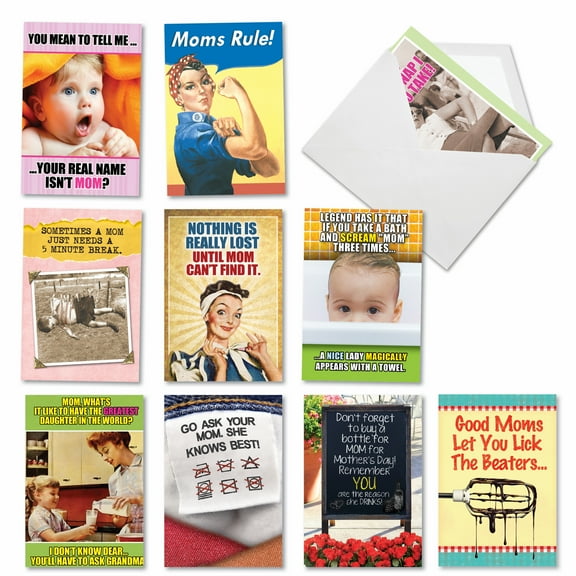 10 Assorted Set Hysterical Mother's Day Greeting Cards - Mom Knows Best - Funny Mommy Missives with Babies, Daughter, and More