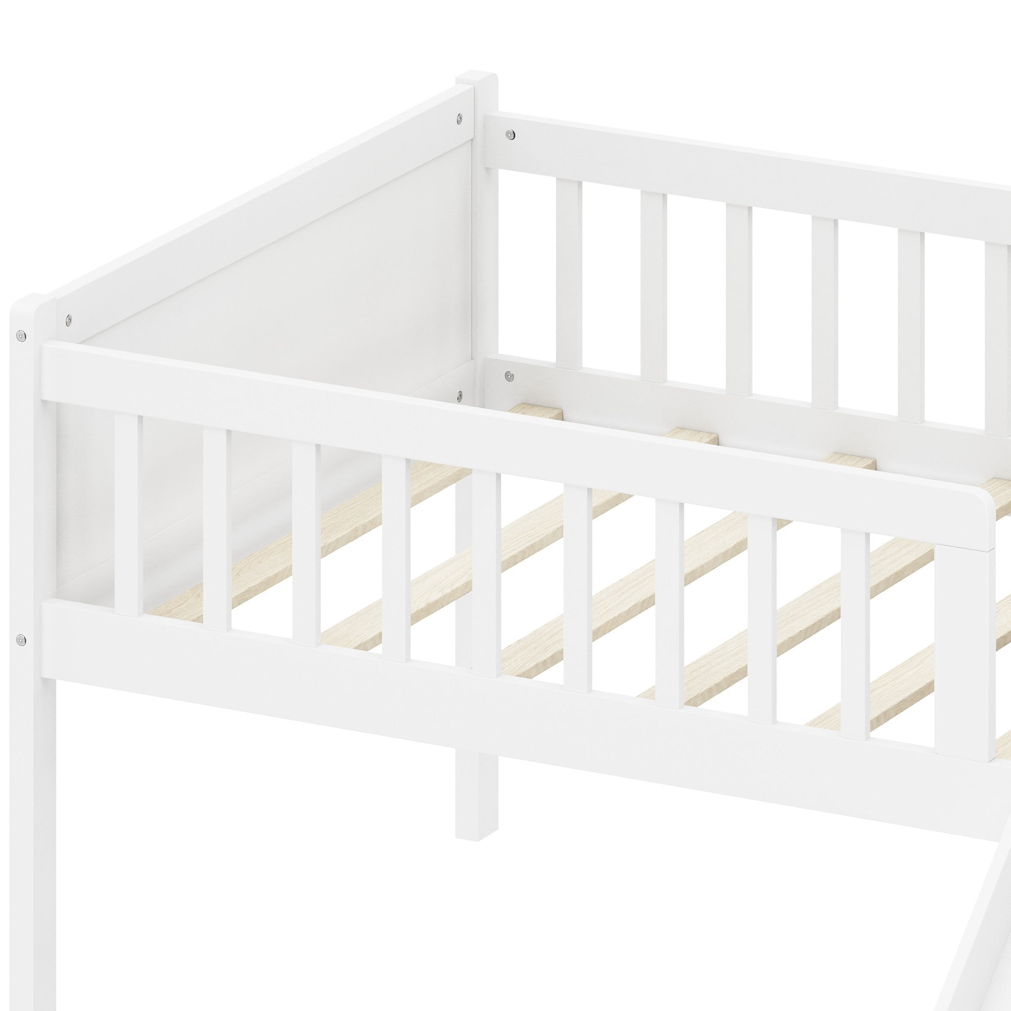 Sailvan Twin Bed Frame with Storage Shelf,Kids Wooden Platform Bed with Slide and Ladder,Full Guardrail,No Box Spring Needed，White