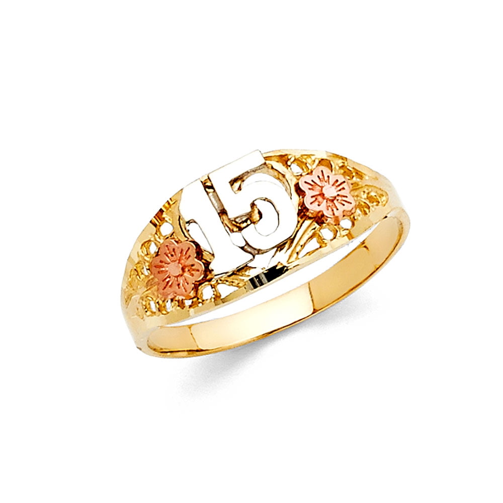 Jewels By Lux 14K White Yellow and Rose Three Color Gold Fifteen 15 Year Birthday Quincea–era Fashion Anniversary Ring
