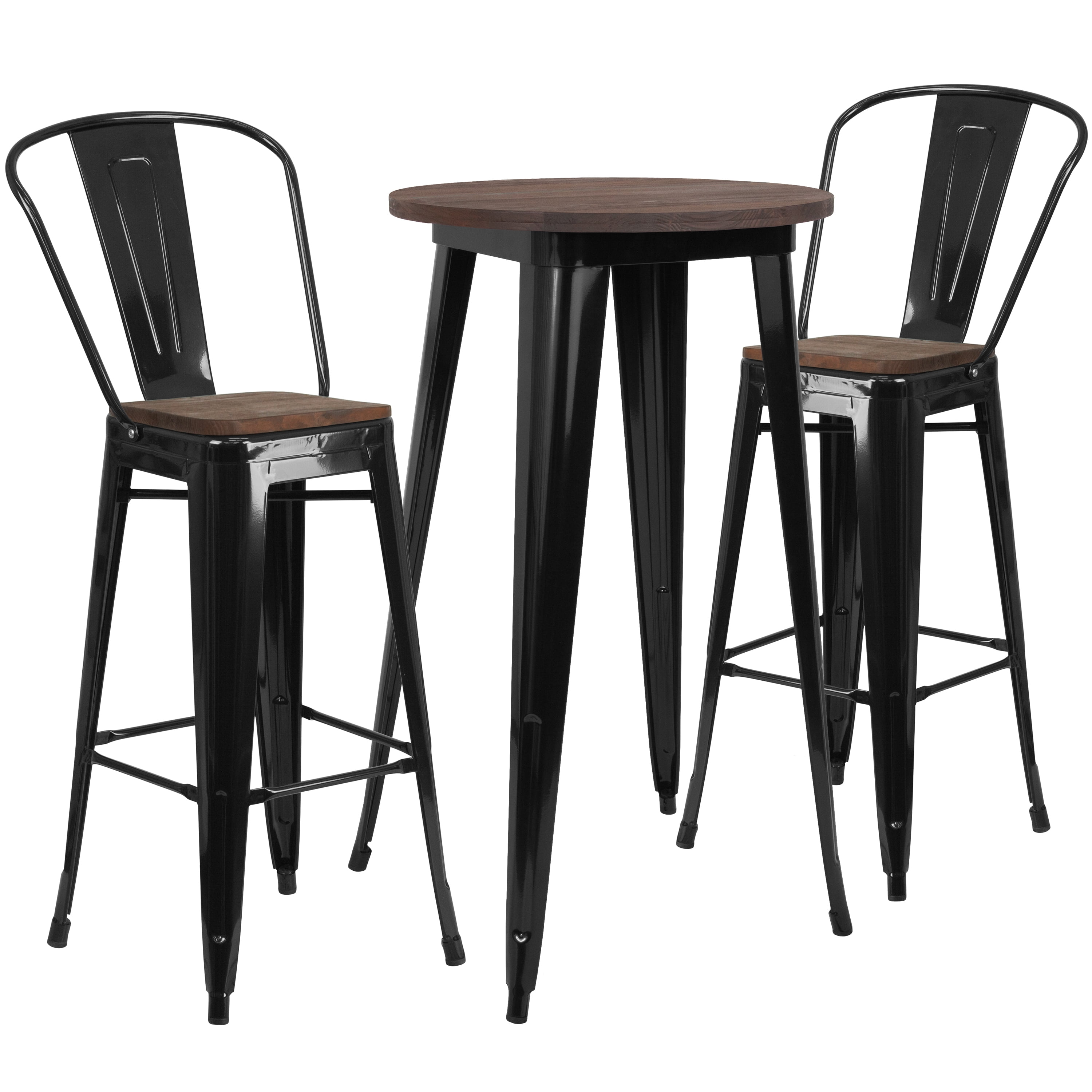 24" Round Black Metal/Wood Bar Table Set 2 Stools