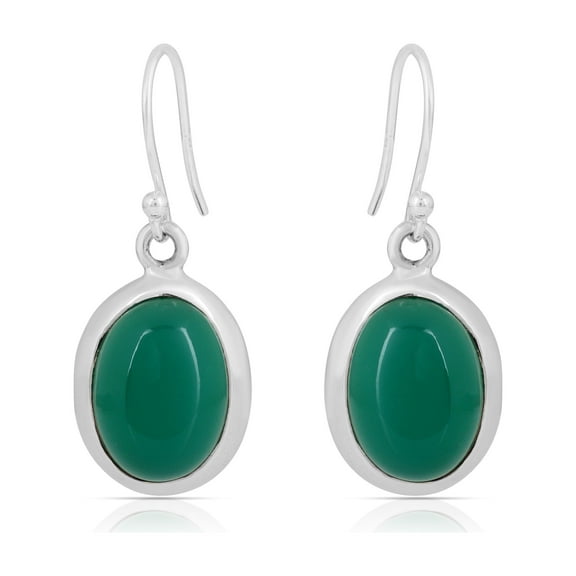 Natural Green Onyx Oval Dangle Earrings in 925 Sterling Silver – Handmade Bezel-Set Gemstones with Fish Hook Backs, Lightweight Jewelry Gift for Women