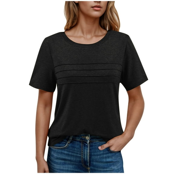 ZQUUVOU Women's Summer Short Sleeve Tops Casual Front Pleated Solid Color Round Neck Top/Shirt Black