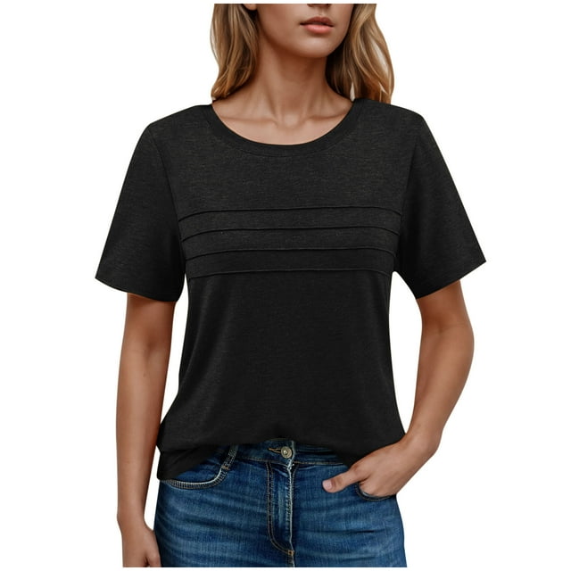 Yanlir Classique Hauts à Col Rond Manches Courtes pour Femmes Couleur Unie Printemps Été Blouse Décontractée, Basique Coupe Ample Style T-Shirt pour Usage Quotidien 2025(Noir2,)