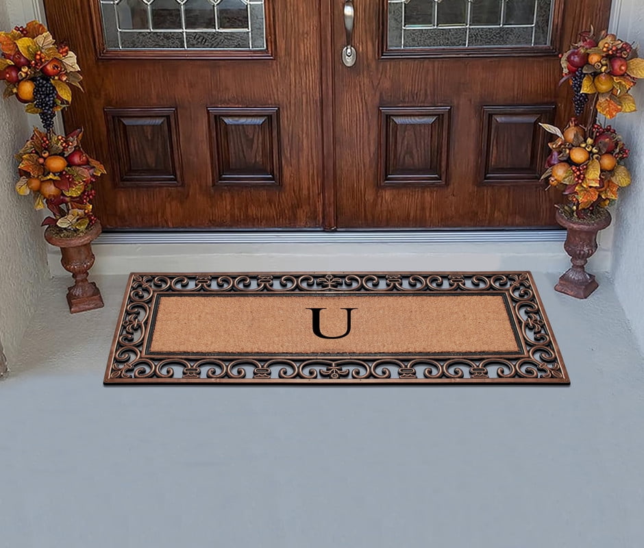 A1 Home Collections Natural Coir and Rubber Paisley Monogrammed Heavy Duty Front Porch Entry Doormat, Bronze, 48 in x 18 in