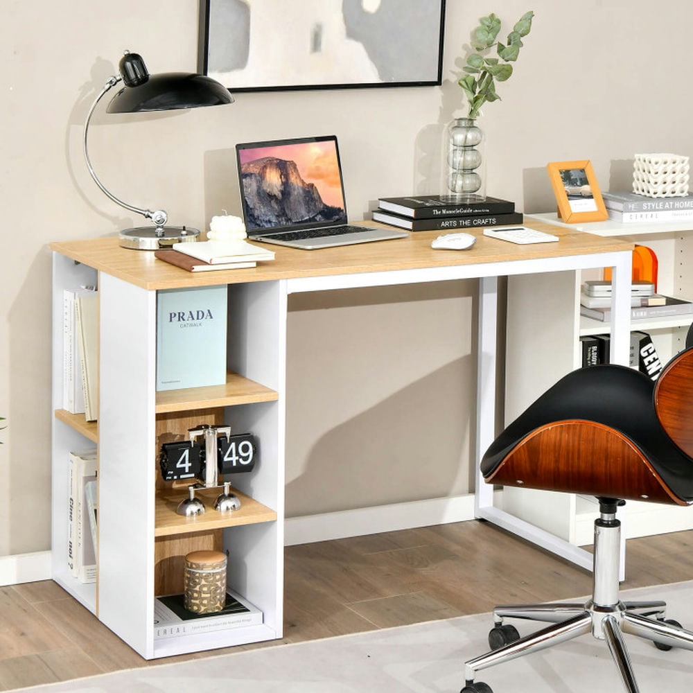 Demi Bonn Computer Desk with 5 Side Shelves and Metal Frame, Small Home Office Desk Study Writing Table, White