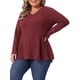 thumbnail image 4 of Blusa de mujer de talla grande Agnes Orinda, con encaje, malla, parche, manga larga, textura, escote en V, fluida y casual, de waffle, 4X color marrón rojo, 4 of 6