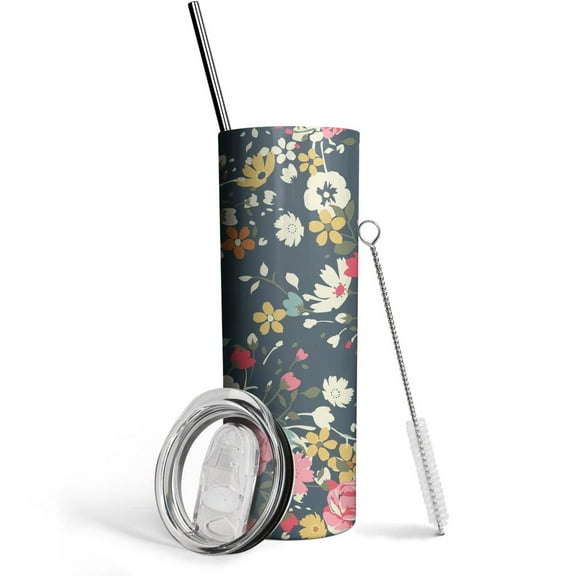 Flower Tumbler 20 Oz Travel Coffee Mug Floral Print Skinny Tumblers with Lid and Straw Stainless Steel Insulated Coffee Cups Gift for Flower Lover
