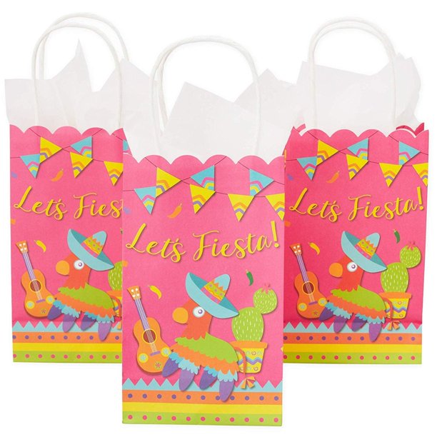 24 Pack Let's Fiesta Scalloped Party Gift Bags with Handles, 9 x 5.3 x