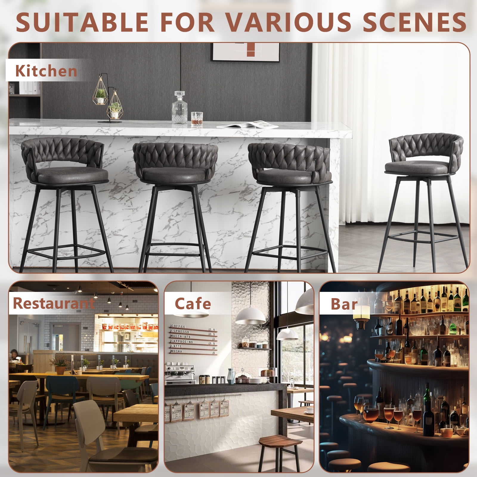 BFZ Upholstered Backrest Bar Stools, Black/Gray (Set of 2)