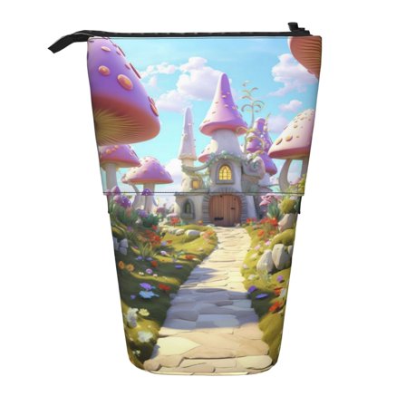 Xecao Dreamy Mushroom House Print Telescopic Pencil Bag Pen Holder Pop Up Stationery Case Stand-up Retractable Transformer Bag Standing Organizer