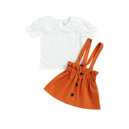 

Chollius Baby Infant Girls Two Piece Set Round Neck Ruffles Short Sleeve Lace Tops Suspender Solid Color Skirt