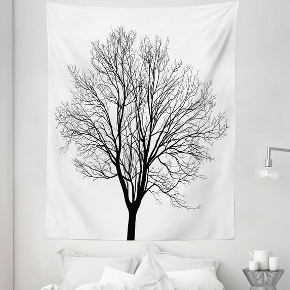 Black White Tapestry, Monochrome Barren Maple Tree Silhouette Hand Drawn Autumn Season Nature, Fabric Wall Hanging Decor for Bedroom Living Room Dorm, 5 Sizes, Black White, by Ambesonne