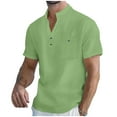 thumbnail image 3 of BiZtdJrK Cotton Linen T Shirts for Men Stand Collar Button Up Short Sleeve Henley Shirt Hippie Vacation Summer Tee Tops with Chest Pocket Green M, 3 of 8