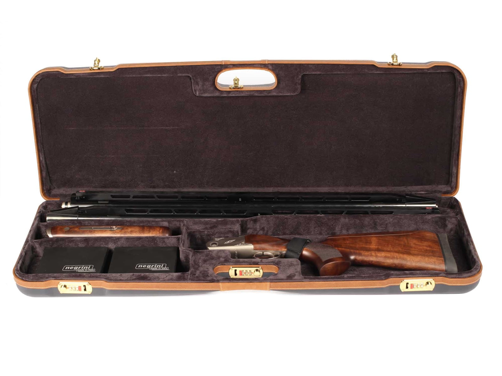 Negrini O/U Deluxe High Rib Trap/Sporting Combo Shotgun Case, Navy/Tobacco Leather/Grey Interior
