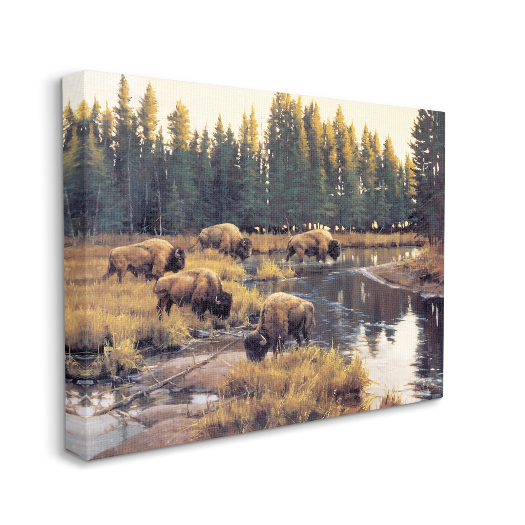 Stupell Industries Bison Grazing Along Stream Animals & Insects Painting Gallery Wrapped Canvas Print Wall Art