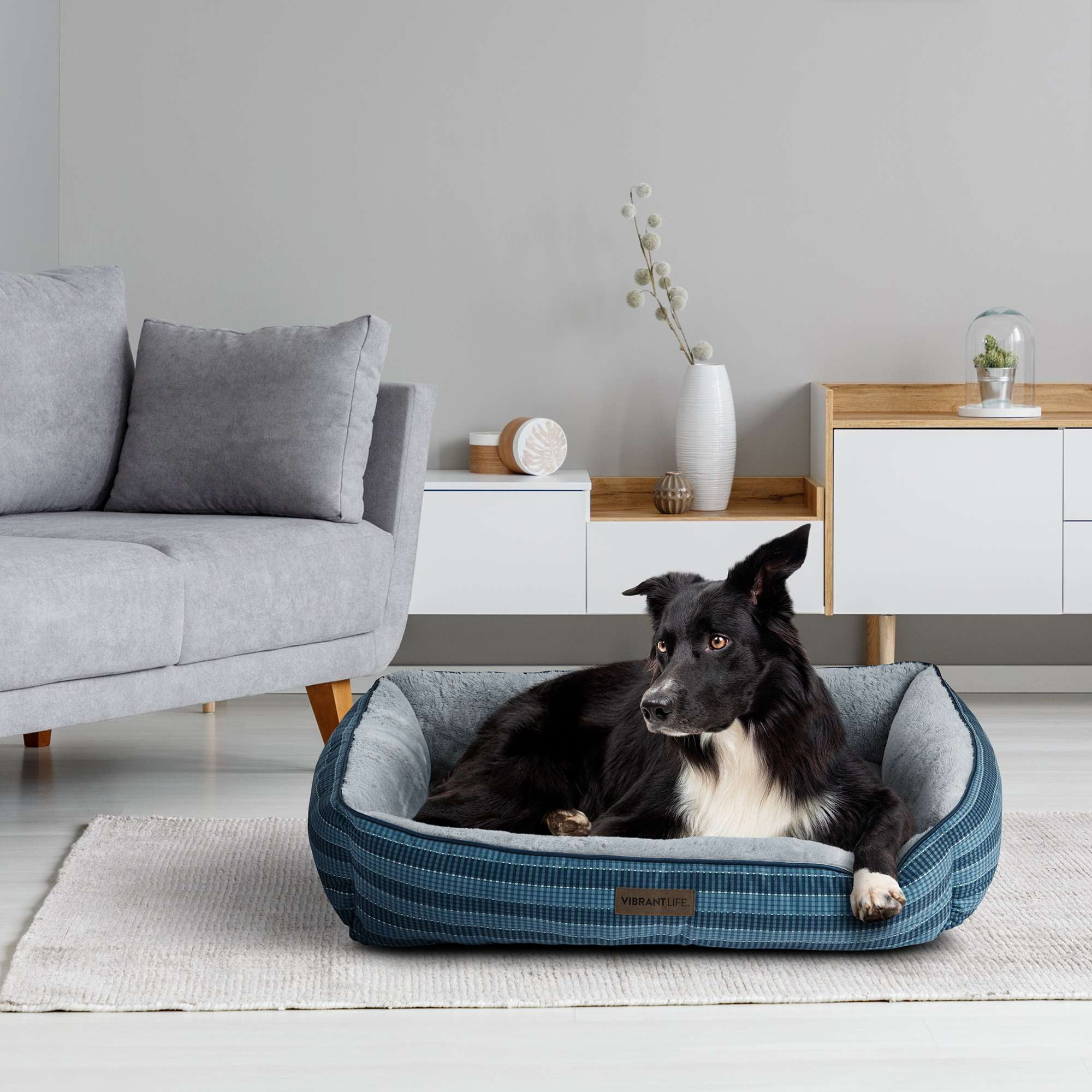 Vibrant Life Extra Large Dog Bed, Bolster Bed for Large Dogs, 42" x 32", Blue