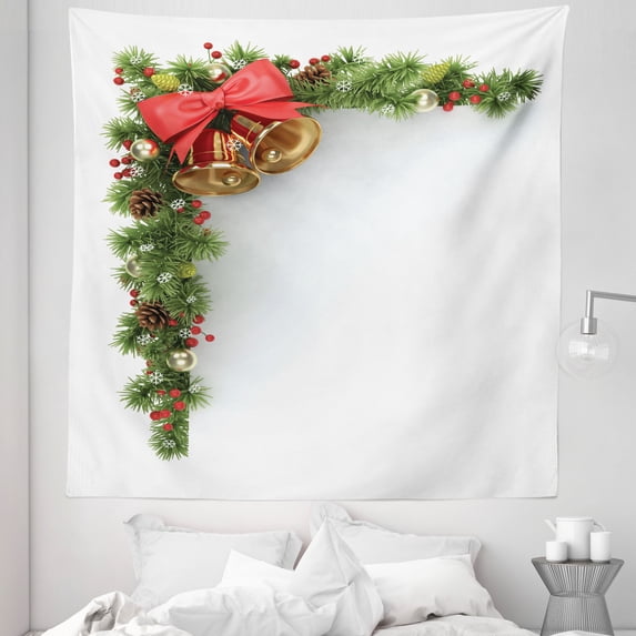 Christmas Tapestry, Coniferous Tree Ornament with Customary Bells and Baubles Hanging Xmas Corner, Fabric Wall Hanging Decor for Bedroom Living Room Dorm, 5 Sizes, Multicolor, by Ambesonne