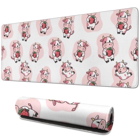 Long Mouse Pads for Desk,Pink Cow Strawberry Pattern Desk Mats on Top Of Desks, Desk Mouse Pad Extra Large with 3mm Non-Slip Base and Stitched Edge for Gaming,Office,Work,Home 31.5"x11.8"