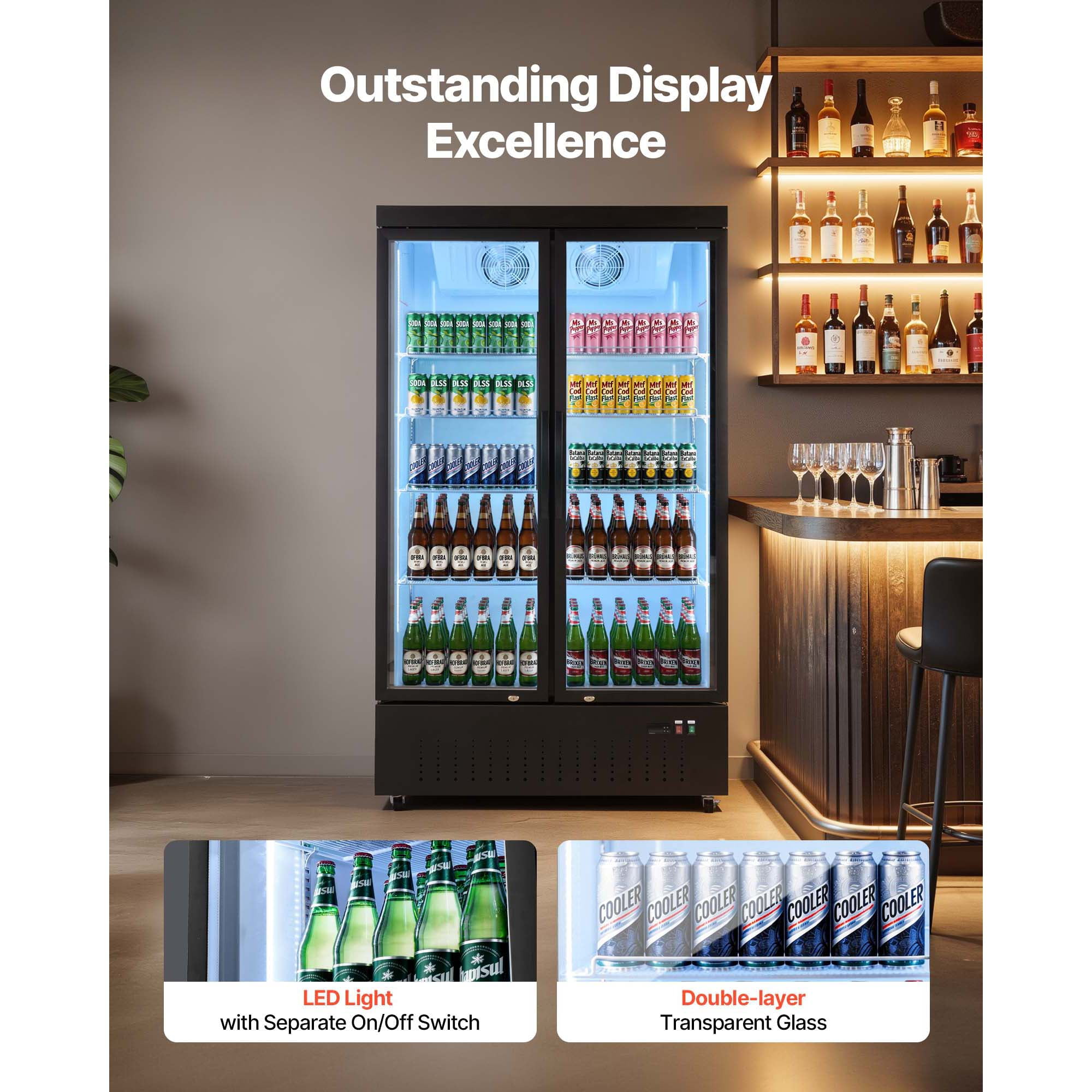 KFFKFF Commercial Merchandiser Refrigerator, 29.3 Cu.Ft / 830L Upright Cooler with Dual Glass Doors, 8 Adjustable Shelves, LED Lighting & Casters for Bars, Stores, and Supermarkets