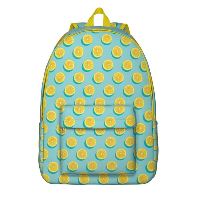 Bright Lemon Fruit Print School Backpack, Summer Citrus Design Daypack with Cute Yellow Pattern and Fresh Floral Style