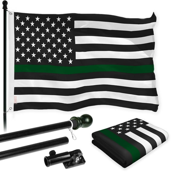 G128 Combo Pack: Flag Pole 6 FT Black Tangle Free & Thin Green Line Flag 3x5 FT Brass Grommets Printed Polyester (Flag Included) Aluminum Flag Pole