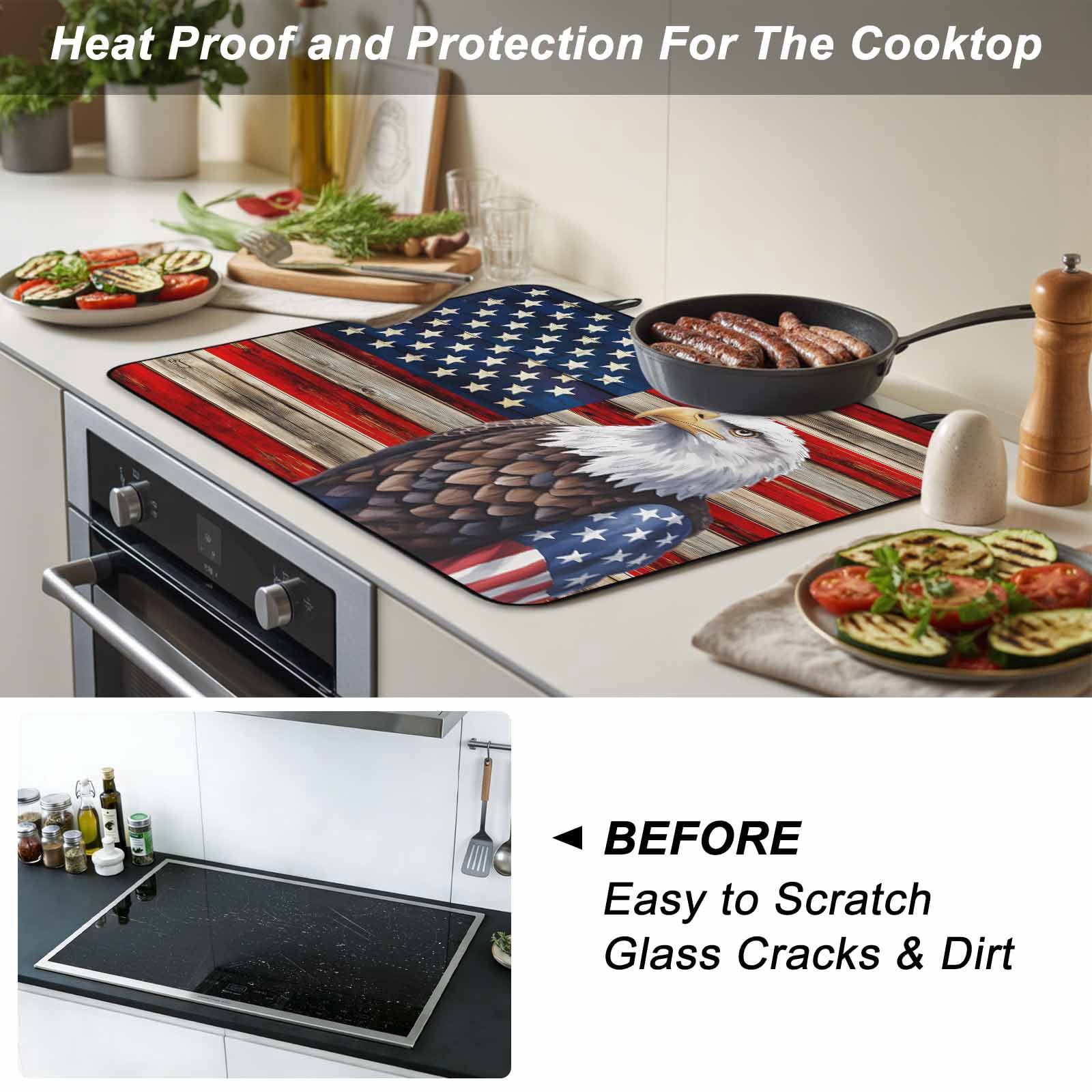 American Flag Stove Top Cover for Electric Stove, Heat-proof & Non Slip Glass Top Stove Cover Protector, Vintage Eagle Blue Red USA Flag Kitchen Flat Cooktop Rubber Mat 24x21 Inches