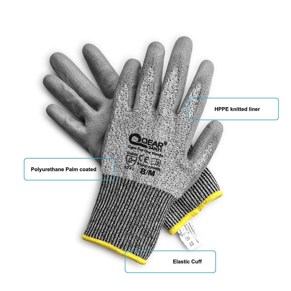 10 Pairs QEAR Lightweight Blade Cut Resistance Level 3 Work Safety Gloves, Thin and Breathable PU Palm Coated, Size XL