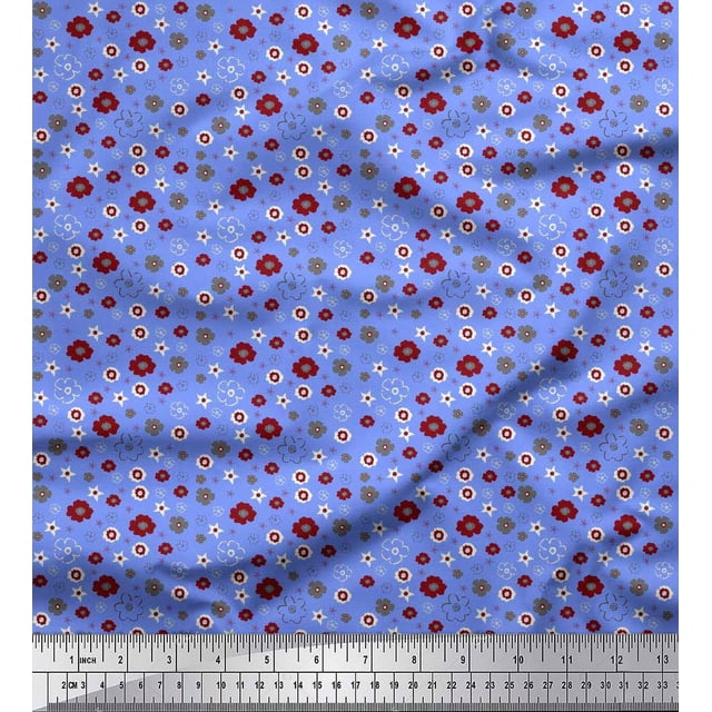Soimoi Blue Modal Satin Fabric Flower Artistic Decor Fabric Printed Yard 42 Inch Wide