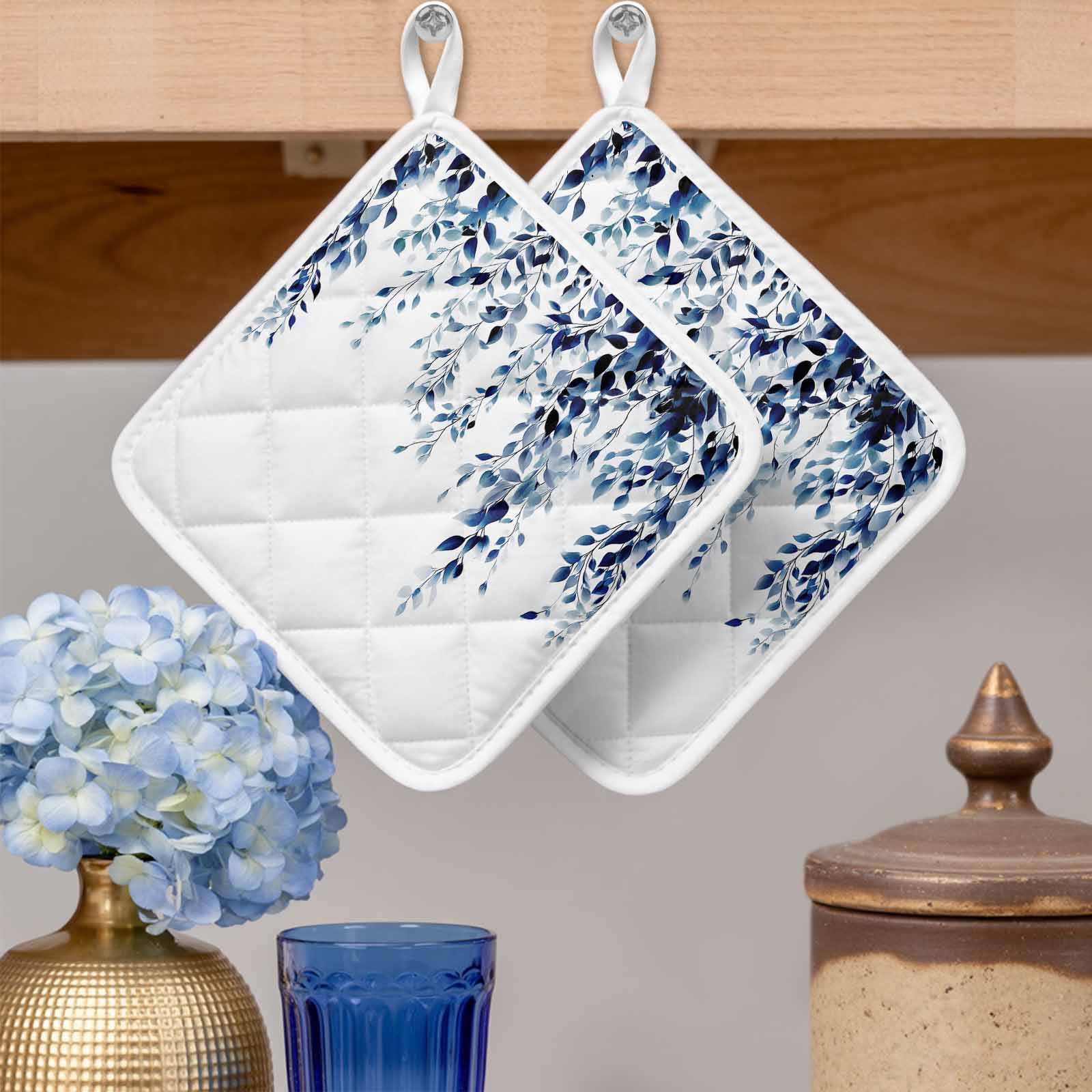 Blue Eucalyptus Pot Holders for Kitchen Heatproof Potholder, 4 Pack Weeping Botanical Leaf Watercolor Hot Pads Multipurpose Oven Pads Cloth Potholders Trivet for Cooking and Baking