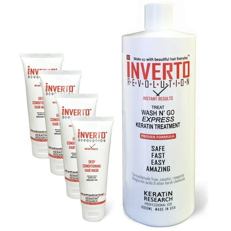 Keratin Research Inverto Revolution Treat Wash N' Go Brazilian Blowout Keratin Hair Treatment with Inverto Formaldehyde Free ,1000 Ml Includes 5 Masks of 4oz each no harsh chemicals