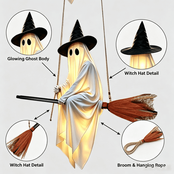 Halloween Flying Ghost On Broomstick, Lighted Hanging Decoration, Remote Control Glowing Ghost Ornament, Indoor Outdoor Halloween Decor, Front Porch Yard Patio Display White