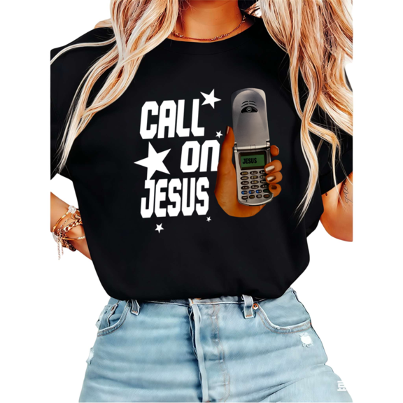 UNISHE Women's Call On Jesus Vintage Flip Phone Hand Star Graphic Christian Front Print Short Sleeve T-Shirt Casual Cotton Crewneck Top