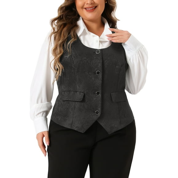 GRACE & GRANDEUR Plus Size Vest for Women Sleeveless Jacquard Jacket Steampunk Waistcoat 1X Black